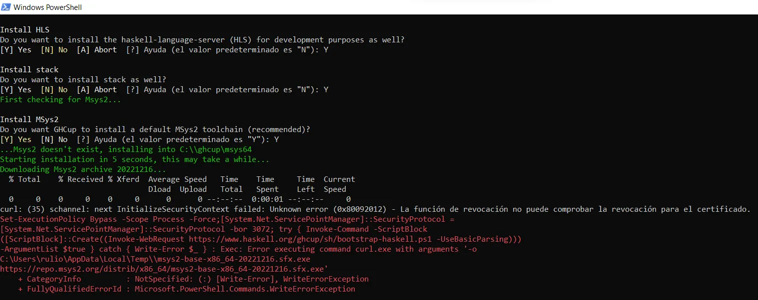 msys2 revocación denegada